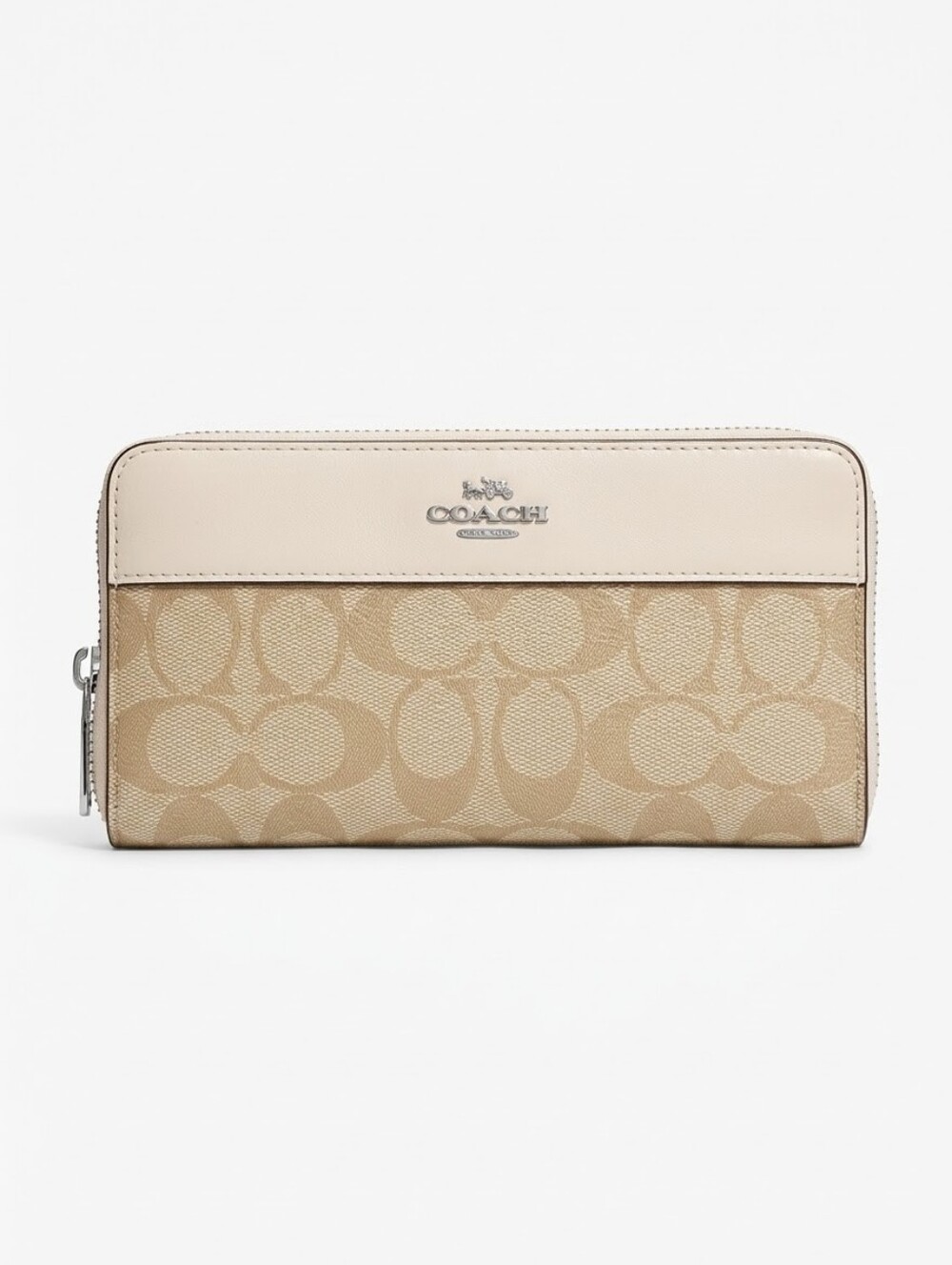 Coach Signature Zip Wallet in Khaki/Chalk With Tan Leather Trim